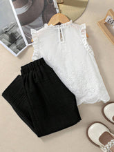 Kids 2pcs Girl's Round Neck Ruffle Trim Hollow Out Embroidery Sleeveless Top And Solid Color Pants Set